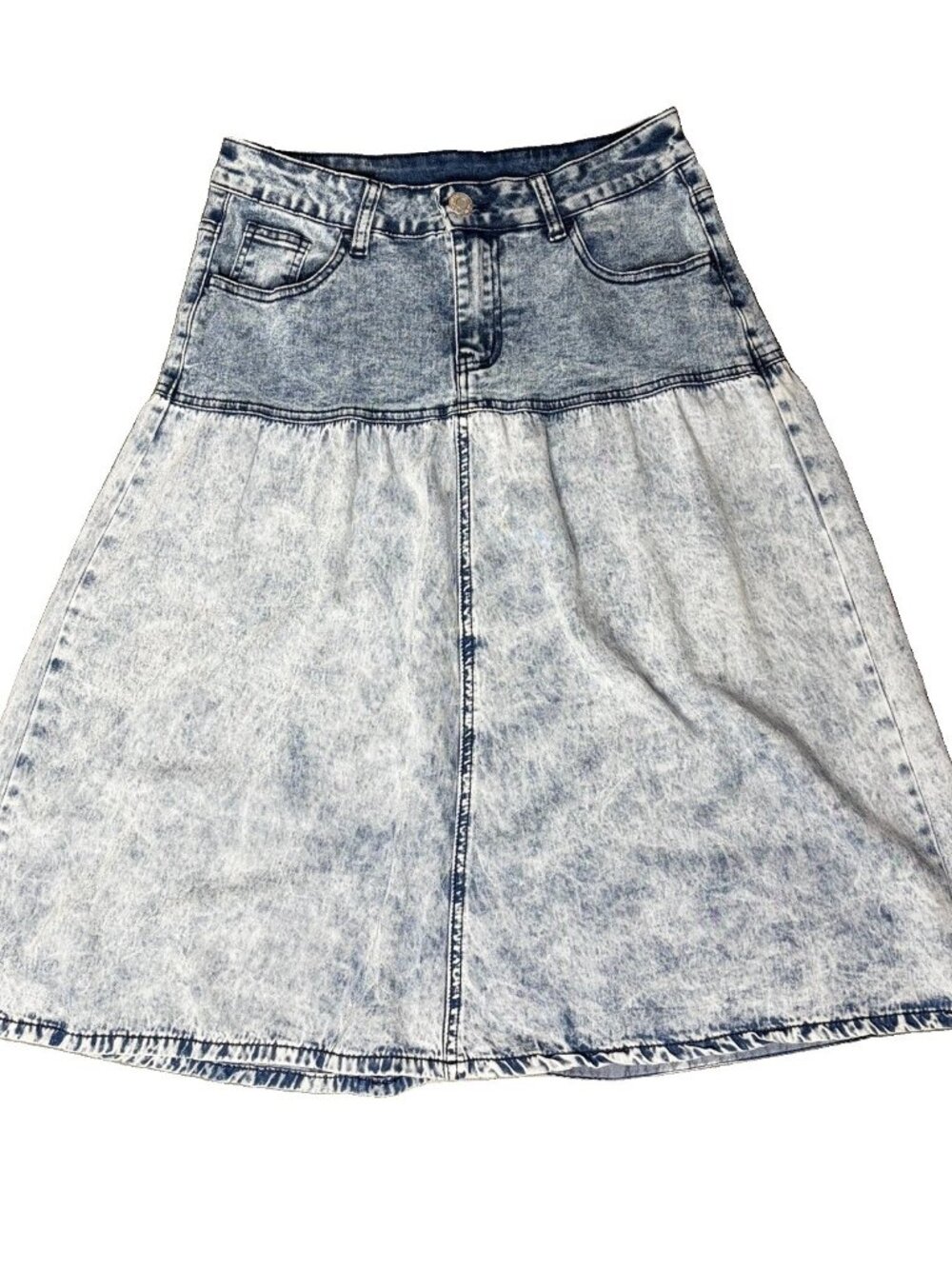 Be Girl Retro 80s Acid Wash Denim Midi Skirt Size S Drop Waist Chambray